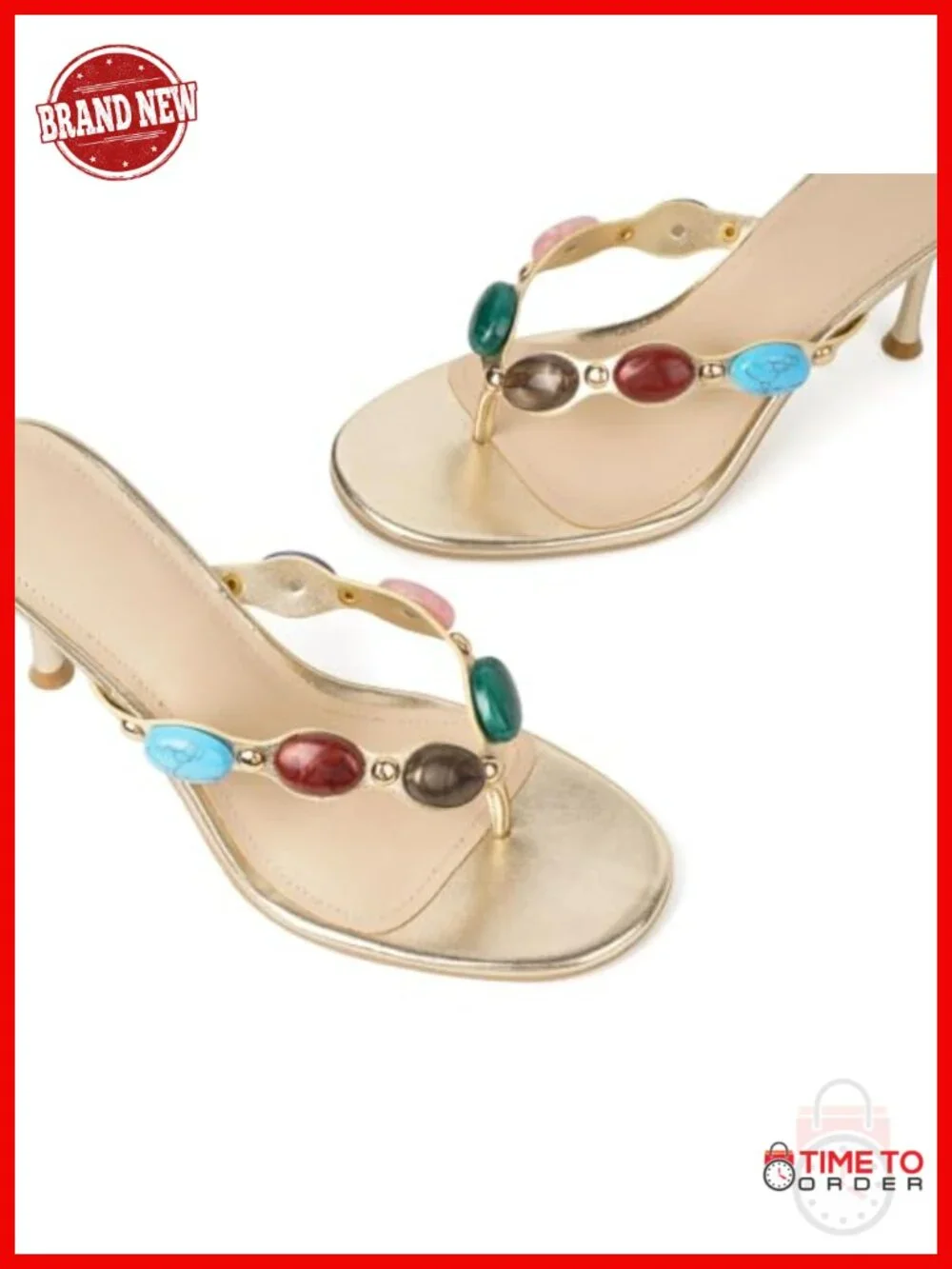 Jeweled Beaded Thong Heeled Sandals Stiletto Flip Flop Faux Leather Summer